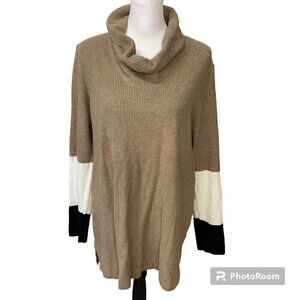 J Jill Women Camel Black White Stripe Turtleneck Sweater Tunic Oversized Sz L U2